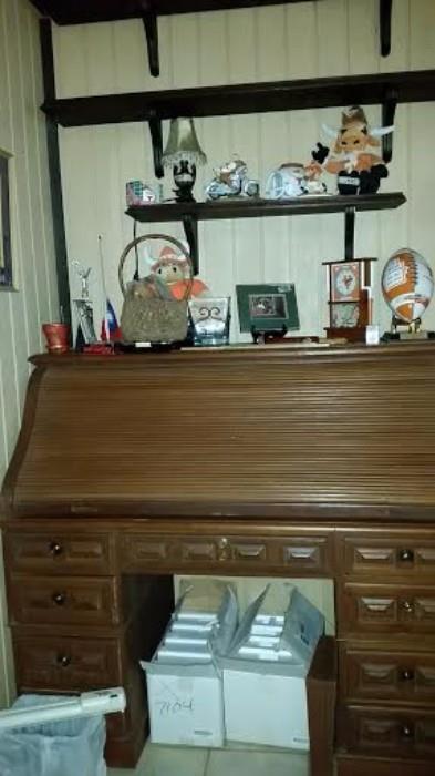 Teak rolltop desk, some of the UT collectables.