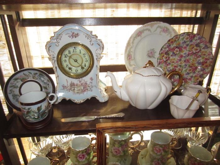 porcelain clock, Shelley porcelain teapot with cream & sugar