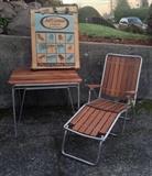 Awesome vintage aluminum & redwood patio furniture - folding table & chaise lounge.  Chaise is in mint condition with original box!