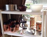 Vintage kitchen items: aluminum cake caddy, Old Hickory bean pot with lid, Sunbeam milk glass mixer bowl, West Bend copper color canister set, Sunbeam Coffeemaster, Mirro Donut Maker & Cooky Press ( in original boxes), stainless covered butter dish