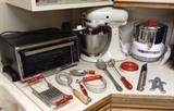 DeLonghi toaster oven, KitchenAid stand mixer (Model K45SS), Acme juicer & vintage utensils