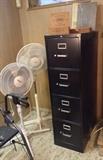 Fans, 4 drawer black filing cabinet, cigar boxes