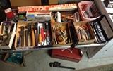Assorted hand tools, red metal tool box