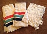 Hudson Bay wool blankets - 3 1/2 points (twin size), & pretty crocheted bedspread or tablecloth (big)