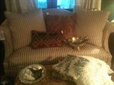 down loveseat/small scale sofa ...designer piece from Hickory, NC ... pristine striped slipcover shown, upholstered underneath