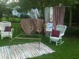 vintage wicker, full size wrought iron bed.