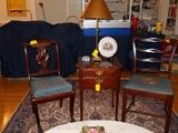 needlepoint seat chairs, 2 drawer table, Tabruz hand knotted rug, etc.