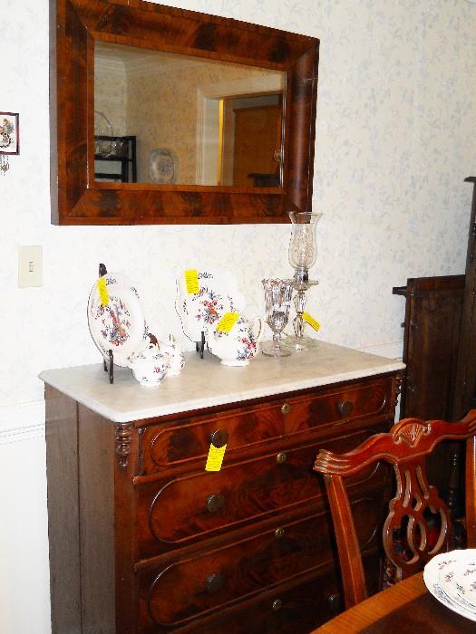 marble top dresser/server, Wedgwood china, vintage mirror, etc.