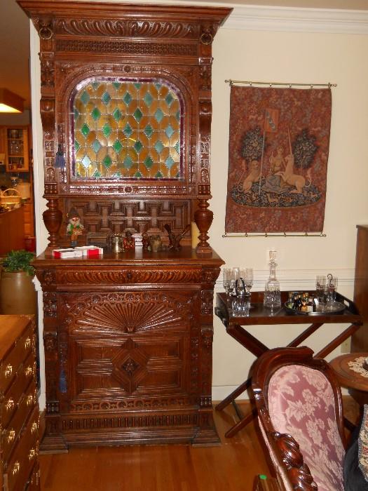 Bar/Cabinet w/stained glass door, tray table, tapestry, etc.