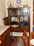 vintage china cabinet, collector plates, Wedgwood china, Herend, Karman style rug, prayer rug, Hamadan rug, etc.