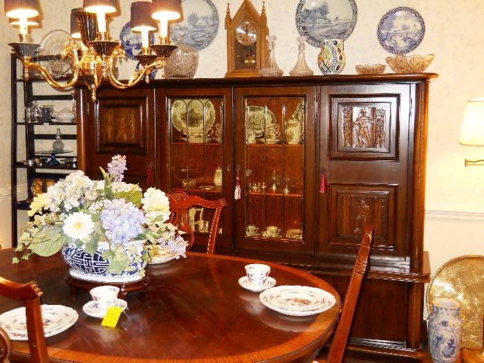 dining room table w/2 leaves, 4 chairs, Wedgwood china, Delft, Flow Blue, Herend, clock, crystal, cut glass, etc.