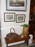 primitive bench, crocks, basket, framed art, etc.