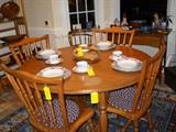 maple table w/1 leaf, 4 maple chairs, Reed & Barton china, Kazak rug, etc.
