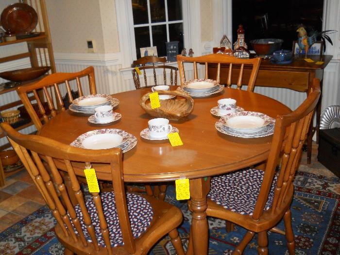 maple table w/1 leaf, 4 maple chairs, Reed & Barton  china, Kazak rug, etc.