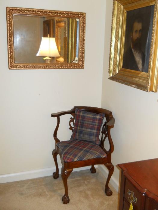mahogany corner chair, framed mirror, framed portraits, etc.