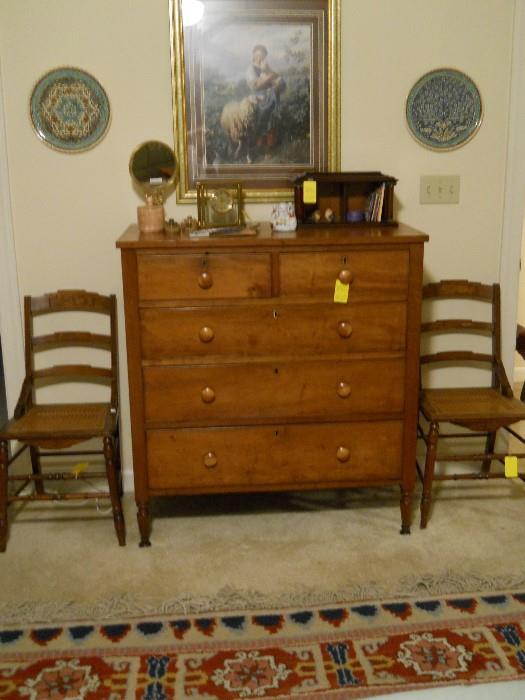 vintage 2 drawers over 3 drawers chest, Eastlake chairs, Turkish animalistic figures rug, etc.