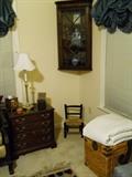 hanging corner cabinet, child's chair, wicker trunk, etc.