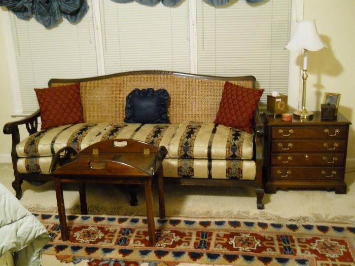 sofa with cane back, tray table, etc.