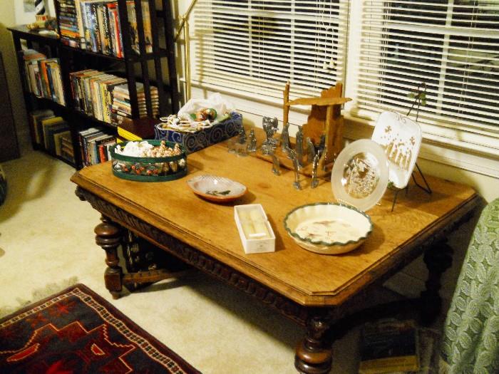 coffee table, rug, holiday items, Mission style bookcases, etc.