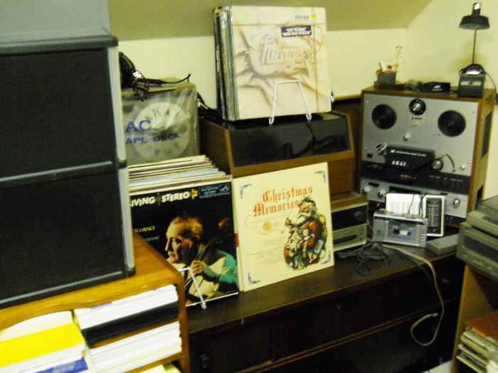 reel to reel, records, tapes, electronics, dresser, etc.