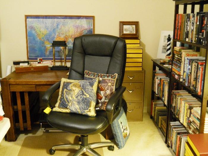 Mission style bookcases, file cabinet, National Geographic magazines, Mission desk, desk lamp, framed map, office chair, etc.