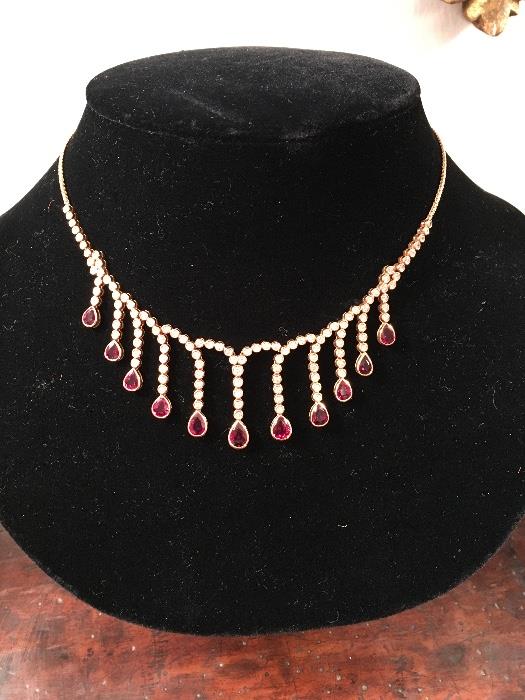 Gorgeous gold, ruby & diamond necklace.  Perfect for Christmas parties!