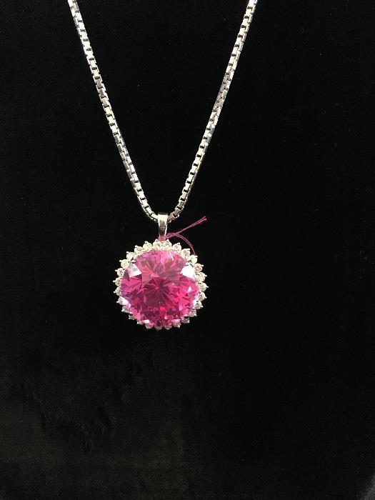 Large laser ruby pendant in 18k white gold & diamonds.  Chain is 18k white gold box link long chain