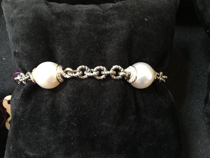 David Yurman 18K, diamond, sterling & South Sea pearl bracelet