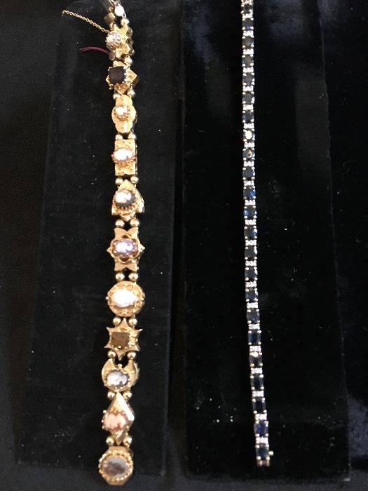 Antique 14K slide bracelet and 14K sapphire & diamond tennis bracelet