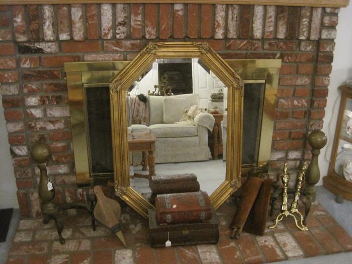 VINTAGE ANDIRONS, FIREPLACE ACCESS.