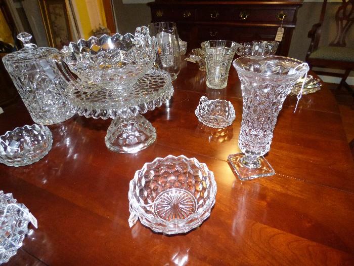 Fostoria "American" glassware including trophy cup and pedestal cake plate