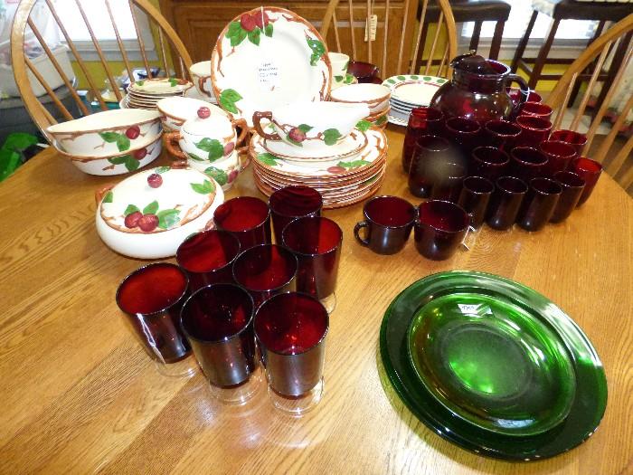 Franciscan "Apple" china, ruby red glassware, forest green plates