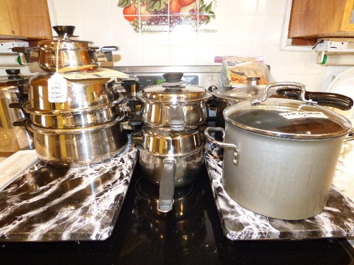 Royal Queen multi-core stainless steel cookware, Calphalon stock pot, Presto pressure cooker