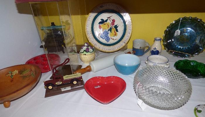Stangle dinnerplate, Fiesta red heart shaped dish, Miss America depression glass bowl, Pyrex small blue mixing bowl, vintage stoneware rolling pin