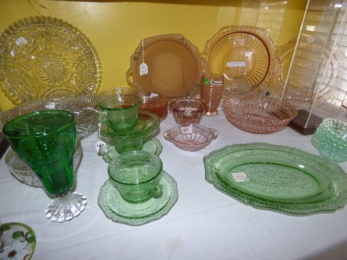 Misc. pink, green, amber depression glass pieces