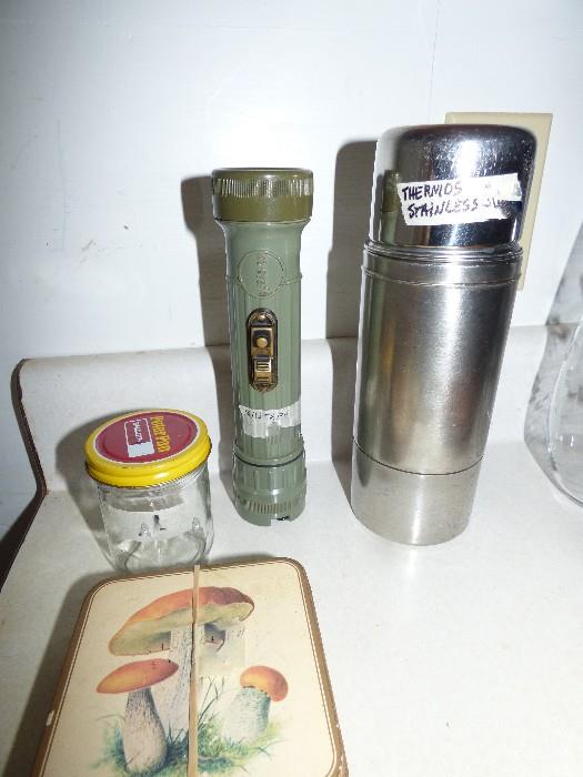 Vintage Military flashlight, "Thermos" stainless steel thermos bottle