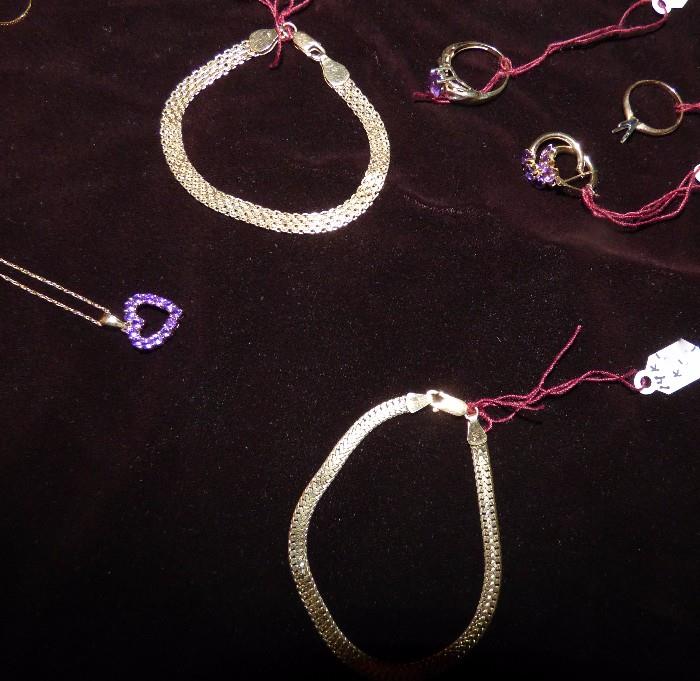 14K bracelets, amethyst stones in pendant, ring & earrings in 10 & 14 K