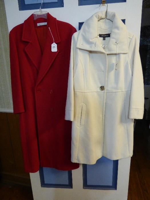 Harry Levin red wood coat, vintage white coat
