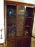 Mid-Century hutch with assorted depression glass.