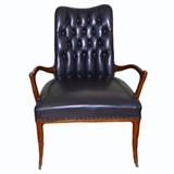Mid Century Pair of two(2) Black Naugahyde upholstered with diamond button tuck back with soft carved teak arm chairs from Kingsley Furniture Comapny, La Porte Indian, sold by Dickenson & Kruger Inc, Cleveland Ohio,
Condition:Good