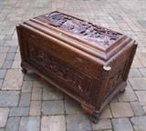 C/1920 hand carved Chinese Camphor wood chest w/ornate overall carvings including figures