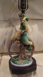 Antique Ugo Zaccagnini Majolica figural lamp, Italy of 2 Pheasants