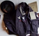 WWI Naval Uniform including button-up pants, pull over tunic, White pants, cap, booklet, etc.