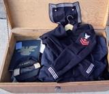 WWII US Naval foot locker w/uniforms, paperwork, documents, service record and autographed Red Skelton Comedy Show Ticket