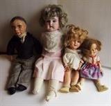 C/1930's Compo Charley McCarthy Vent. doll ~ C/1900 German Bisque doll w/blown glass eyes ~ C/1940's Shirley Temple compo doll, no marks ~ Late 1960's Shirley Temple compo doll marked Ideal