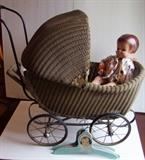 C/1920's Wicker doll buggy w/Ideal Patsy Ann Compo doll and 4 C/1930's hangars
