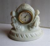 C/1920's New Haven Satin glass ladies vanity clock w/cupids