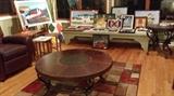 UNIQUE ROUND ETCHED TOP IRON & WOOD COCKTAIL COFFEE WITH MATCHING SIDE TABLE.  2 BEAUTIFUL MATCHING RUGS, BARCALOUNGER RECLINER, LOT'S OF CUSTOM LATHE ART BY SAMUEL MYERS, AND SO MUCH MORE
