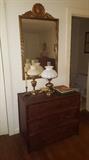 Antique mirror, dresser, lamps