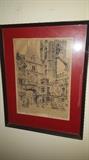 Original etching by Andrew Karoly c.1939. The Great Clock of Rouen, France